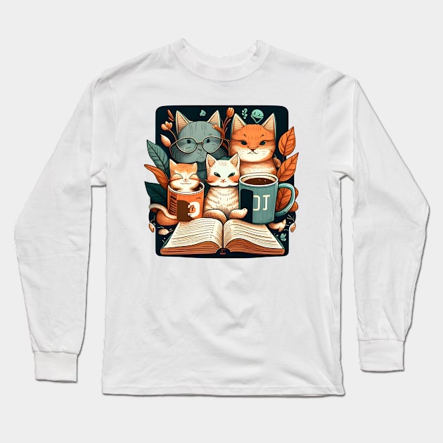 Foodilicious - Funny Cat Caffeine Addiction Coffee Reading Book Long Sleeve T-Shirt by dashawncannonuzf